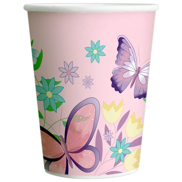 Flutter Garden Paper Cups – 8 pastel butterfly cups 250 ml, stacked and shown in pack