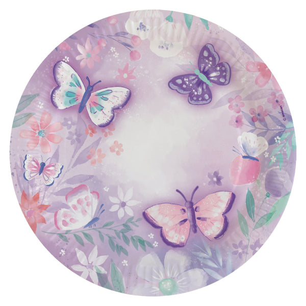 Flutter 8 Paper Round Plates 23cm with butterfly motifs in pastel colours