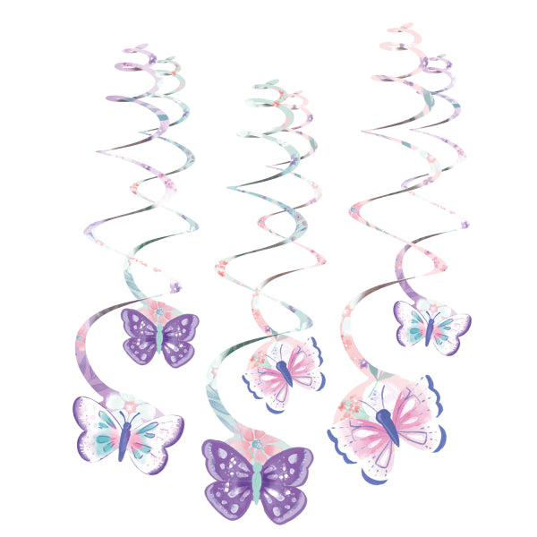 Flutter 6 Swirl Decorations 61cm with butterfly motifs in pastel colours