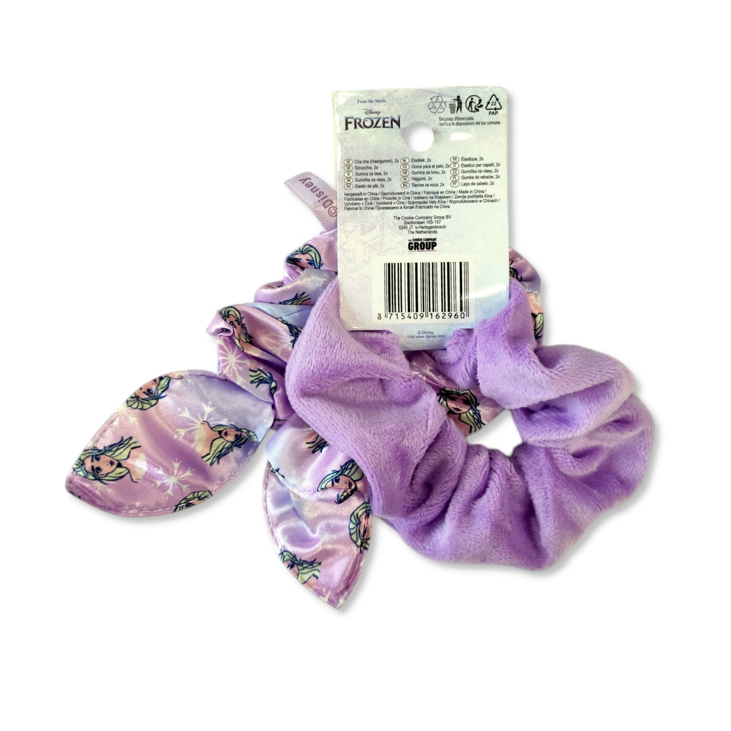 Pack of 2 Frozen Scrunchies back view highlighting plush stretchy fabric and gentle, tangle-free elastic cores