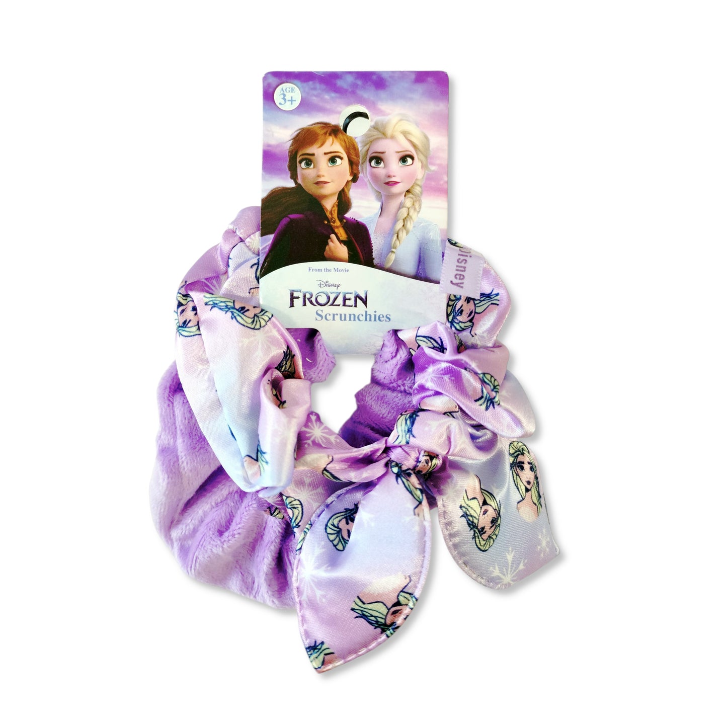 Pack of 2 Frozen Scrunchies front view displaying one translucent blue elastic scrunchie and one pink with Elsa portrait motif