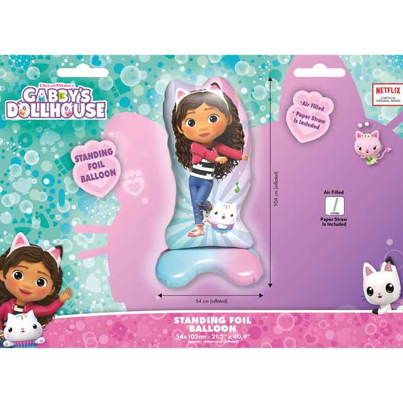 Inflated Gabby's Dollhouse Standing Foil Balloon 104x54cm air-filled with paper straw
