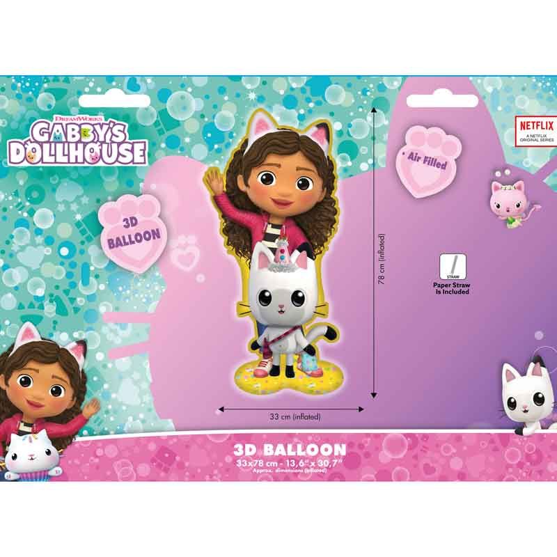 Inflated Gabby's Dollhouse Standing 3D Foil Balloon 78x33cm air-filled with paper straw
