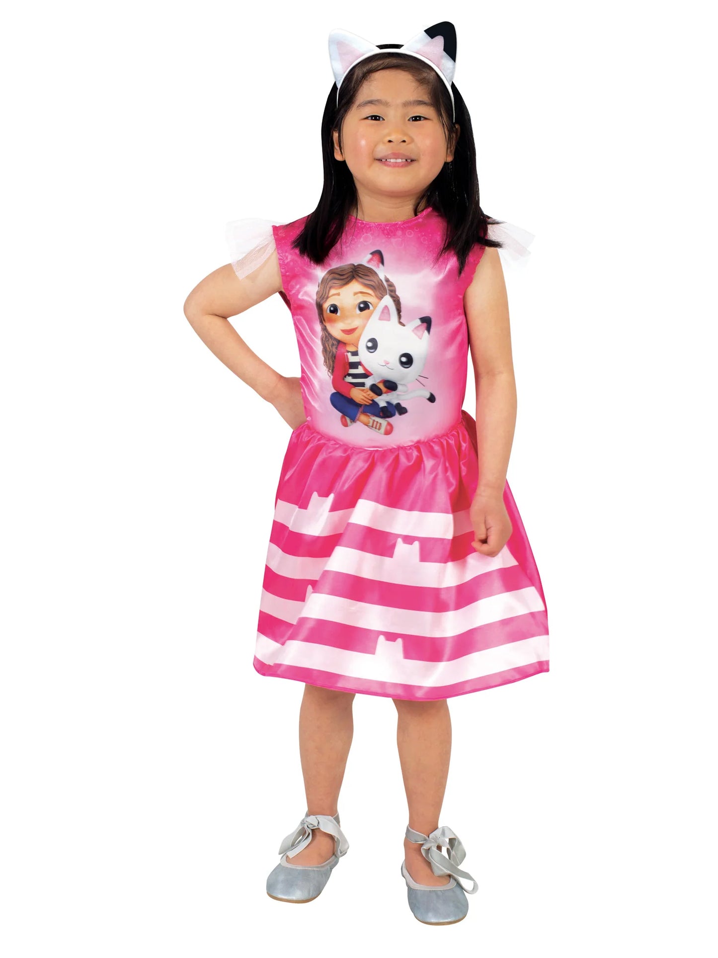 Gabby's Dollhouse Gabby & Pandy Paws Tutu Dress Costume front view showing printed bodice, twirly skirt, and headband for kids' feline role-play aged 3+