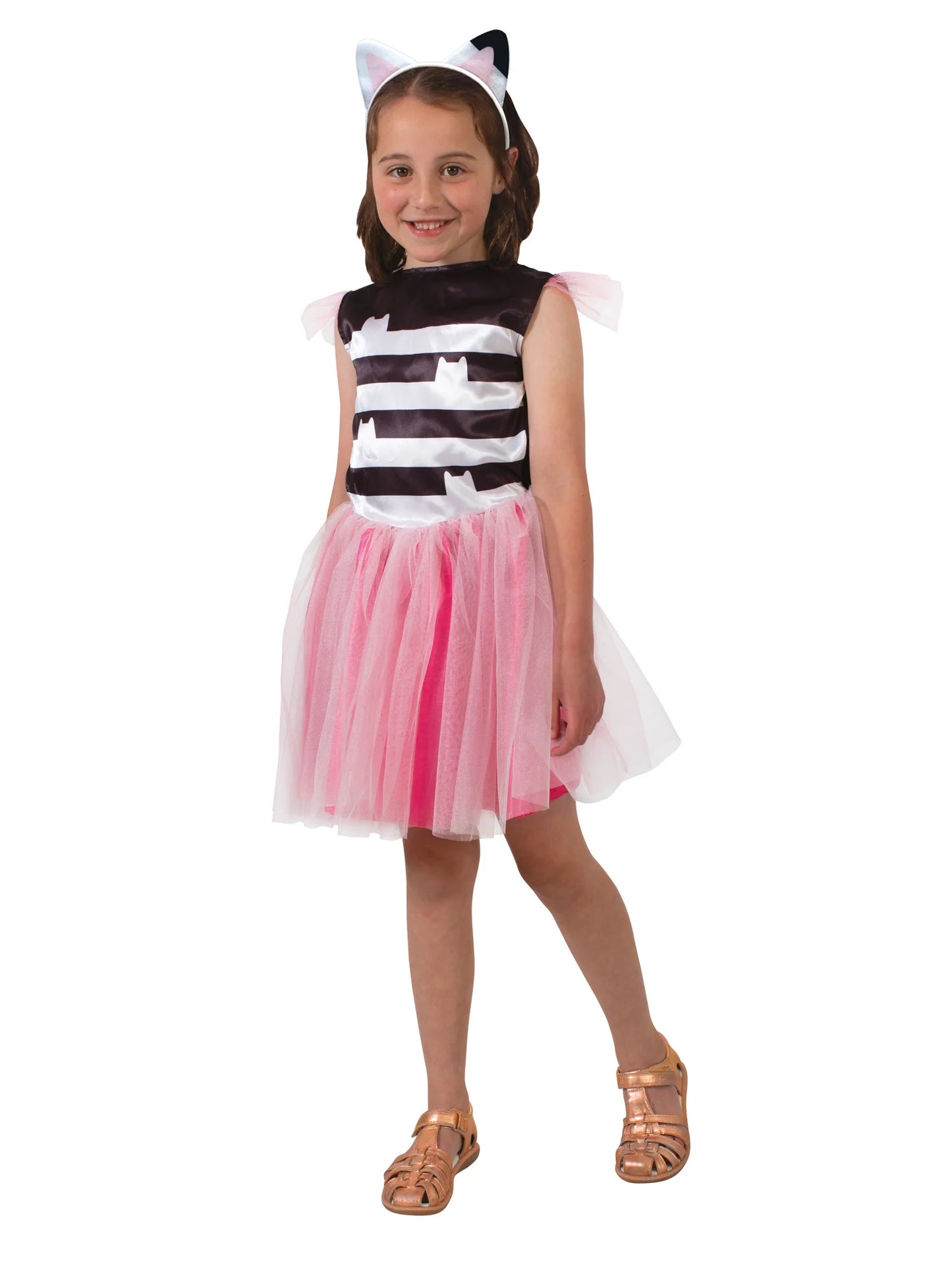 Gabby's Dollhouse Gabby Tutu Dress Costume front view showing printed bodice, twirly skirt, and headband for kids' feline role-play aged 3+