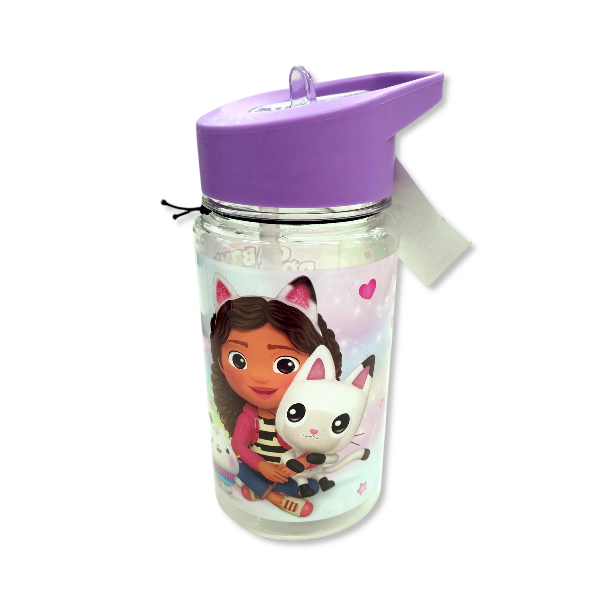 Gabby's Dollhouse 450ml Kids Water Bottle front view showing purple kitten motif with flip-top straw and ring handle on BPA-free plastic for easy transport
