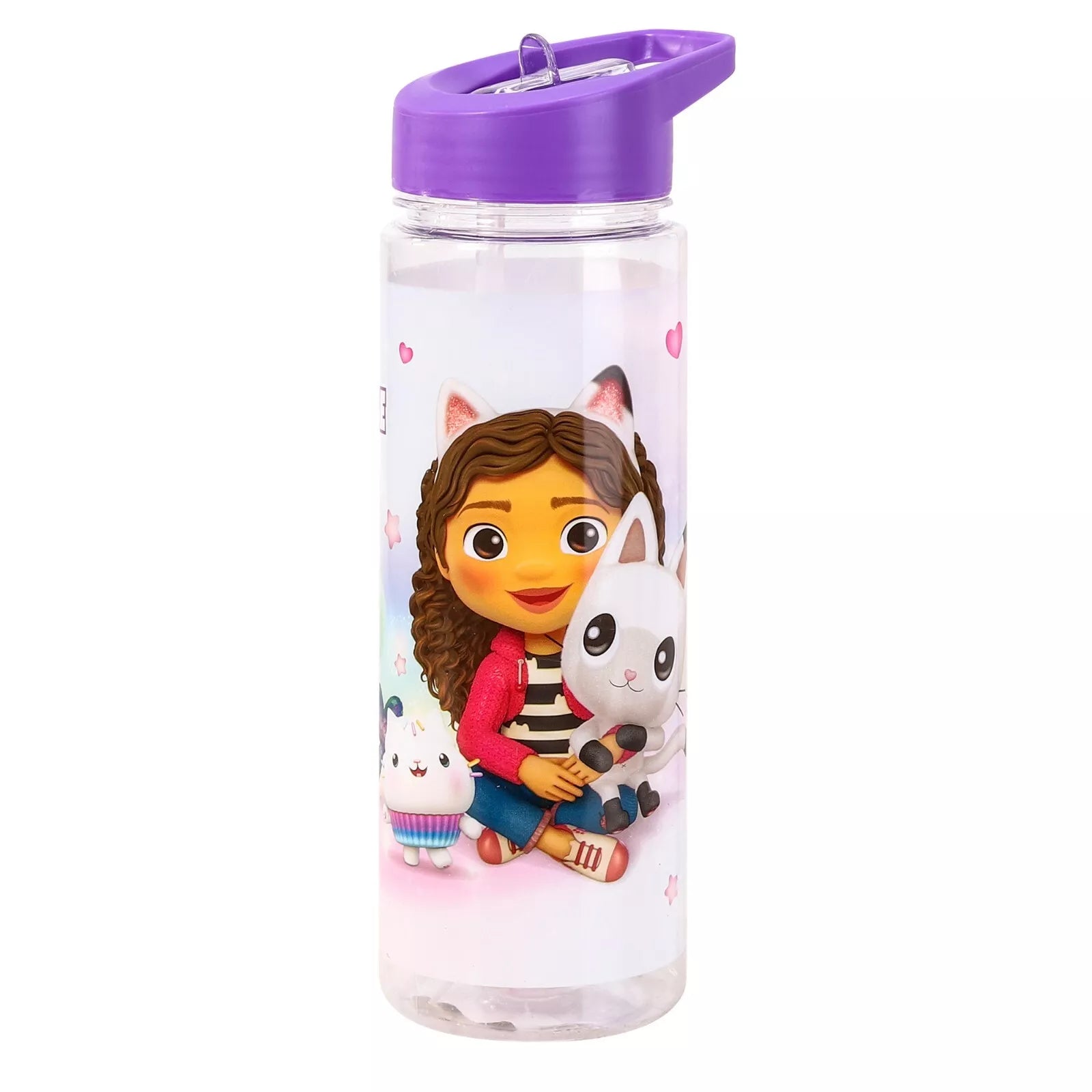 Gabby's Dollhouse 700ml Kids Water Bottle front view showing purple kitten motif with flip-top straw and ring handle on BPA-free plastic for easy transport