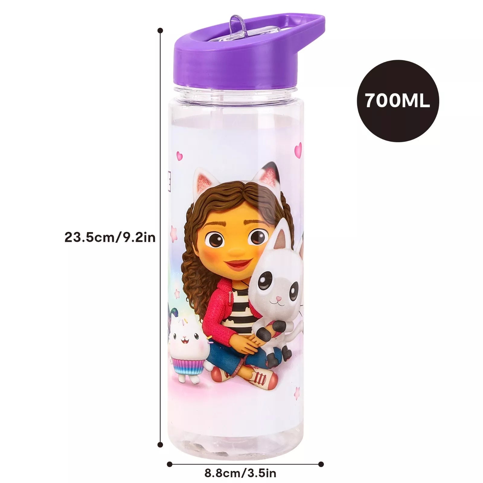 Gabby's Dollhouse Water Bottle size view highlighting 700ml capacity, 23.5x8.8cm dimensions, and compact shape for backpacks and little hands