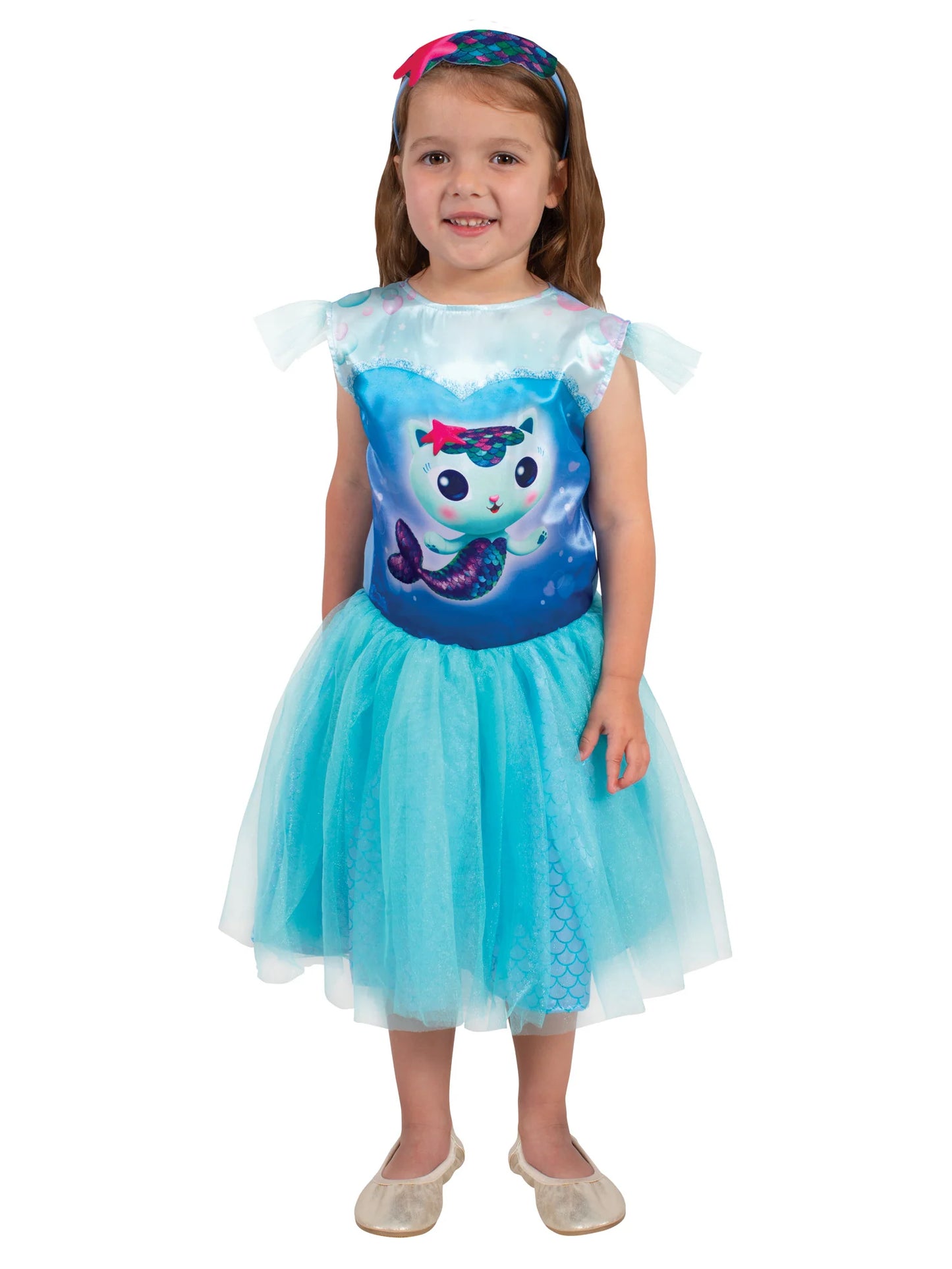Gabby's Dollhouse Mercat Tutu Dress Costume front view showing fluffy tulle layers and cat-ear details for kids' feline role-play aged 3+