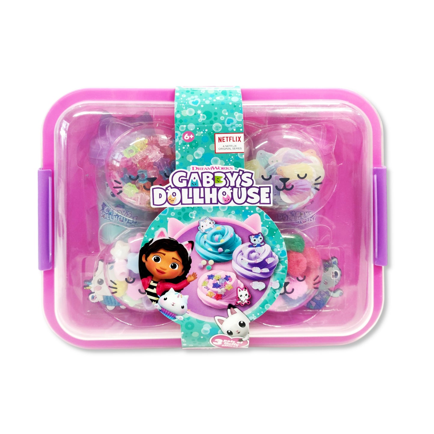Gabby's Dollhouse Slime Mix-It Set front view displaying fluffy slime tubs, confetti pots, and charms in compact 18.2x23.5x8cm case for kids' sensory creativity