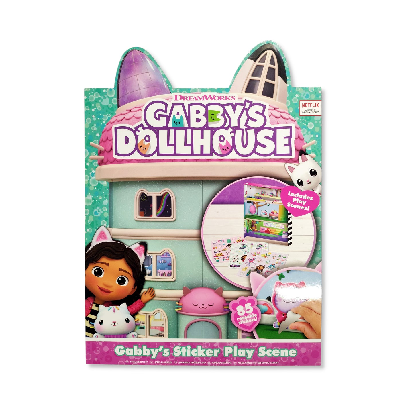 Gabby's Dollhouse Sticker Play Scene cover with 85 stickers and play board