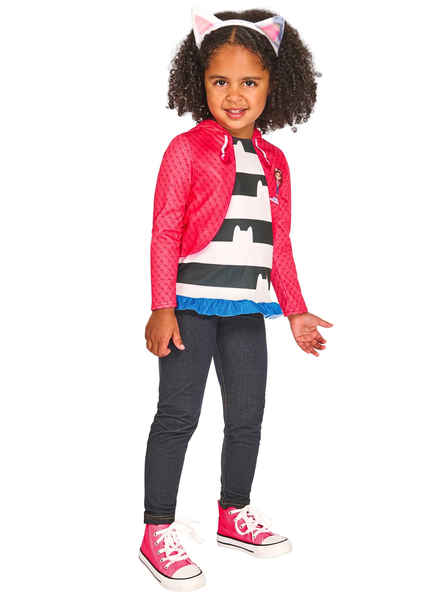 Gabby's Dollhouse Top & Headband Dressing Up Costume front view showing hooded top with cat motifs and ear headband for kids' feline role-play aged 3+
