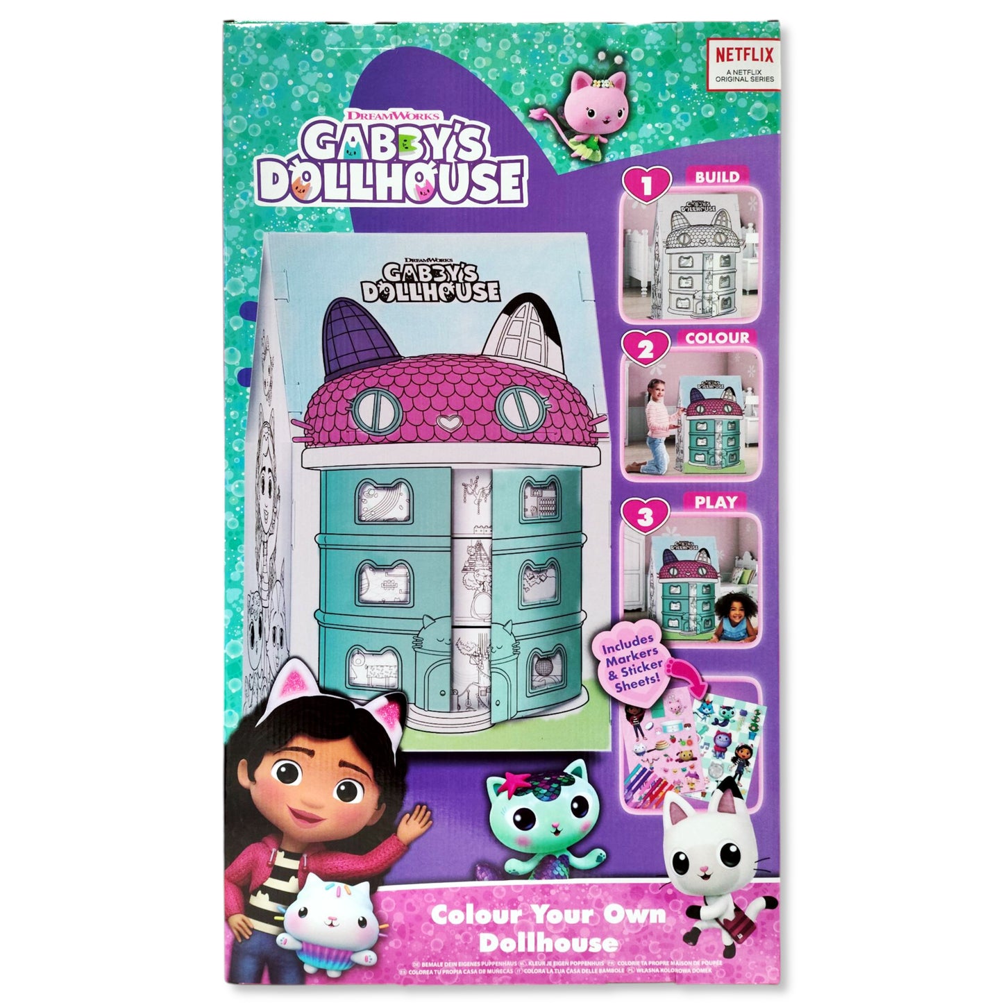 Gabby's Dollhouse Colour Your Own Dollhouse Kit front view showing buildable structure with markers and stickers in large 71x40x4.8cm box for kids' creative play