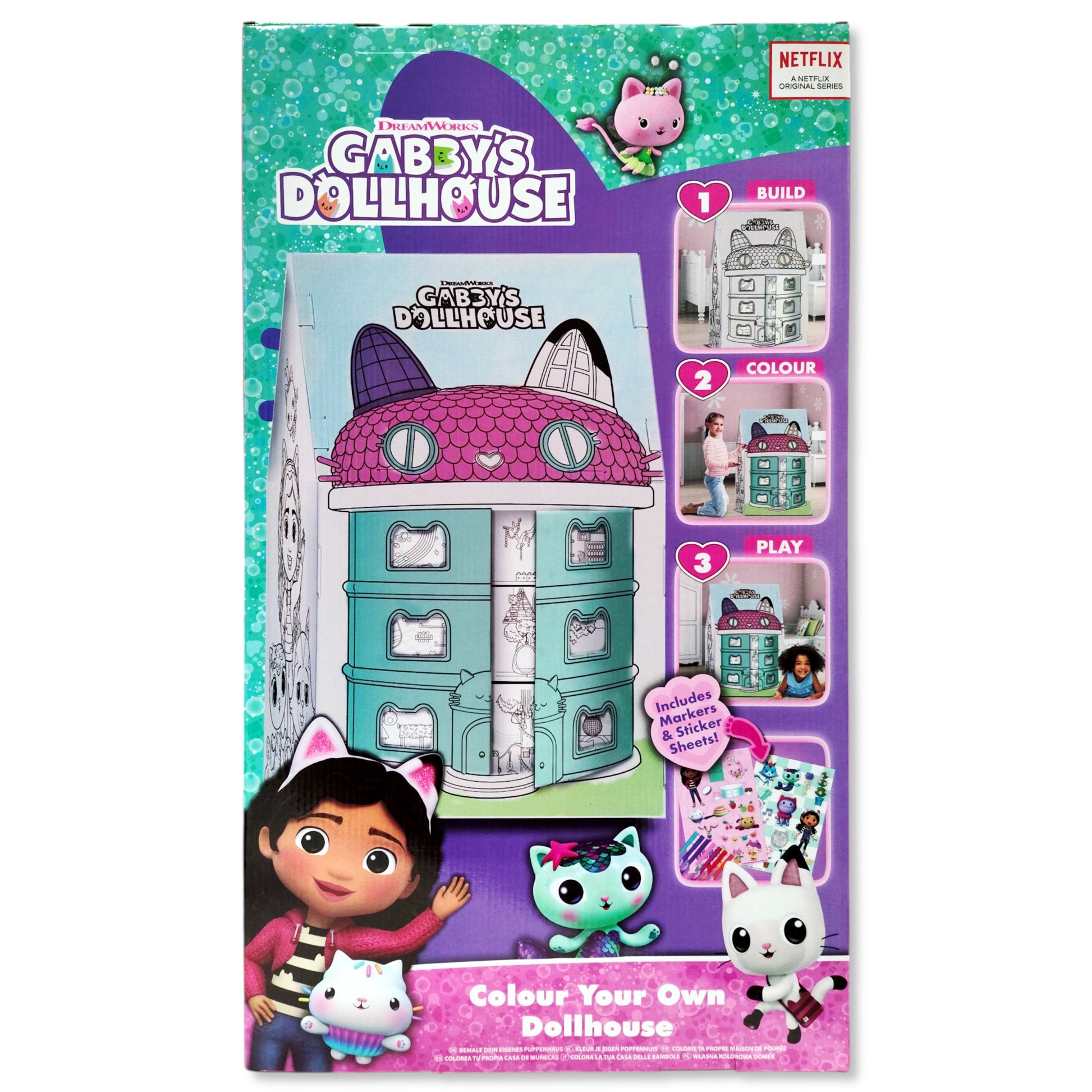 Gabby's Dollhouse Colour Your Own Dollhouse Kit front view showing buildable structure with markers and stickers in large 71x40x4.8cm box for kids' creative play