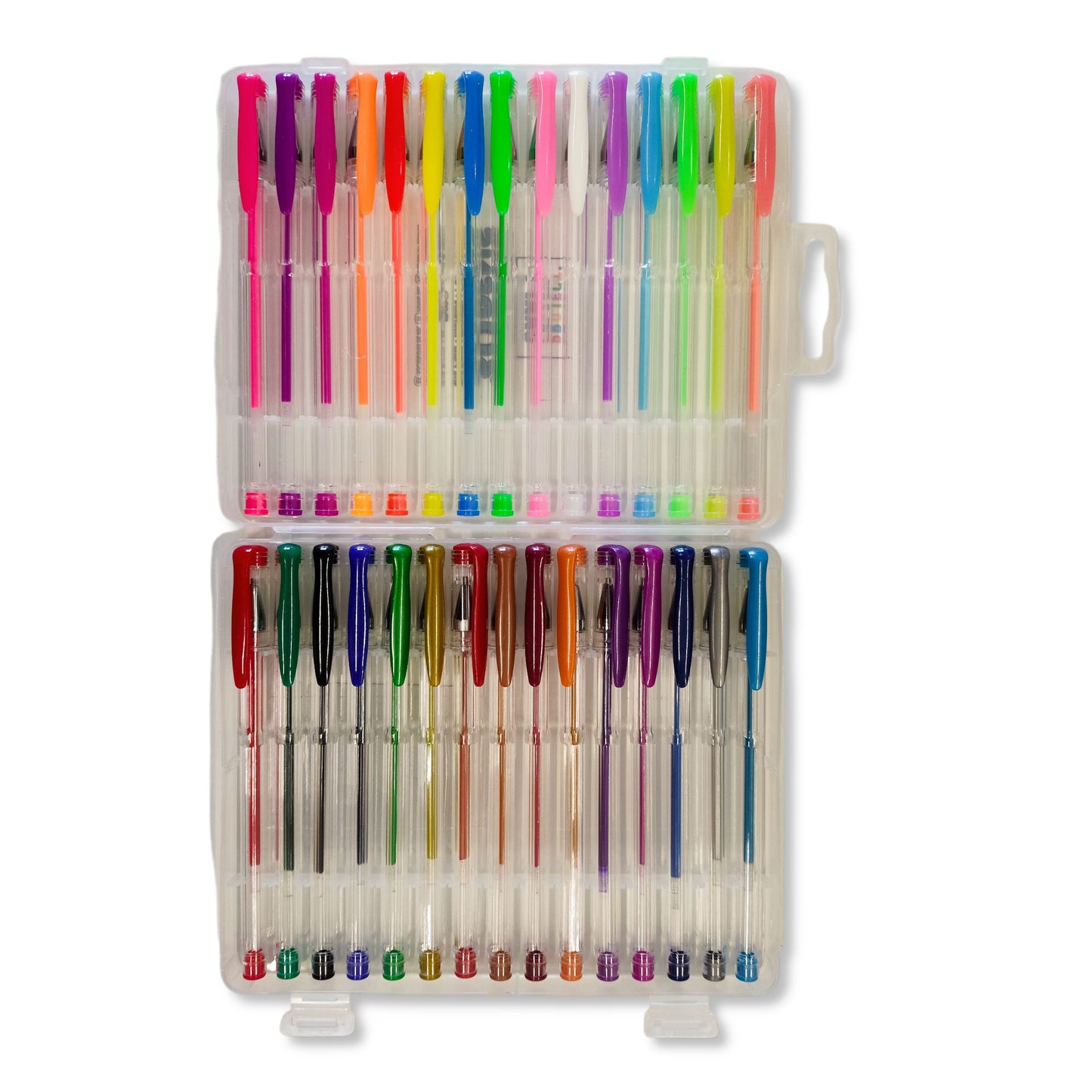 Display of vibrant metallic, pastel, and neon gel pen colours
