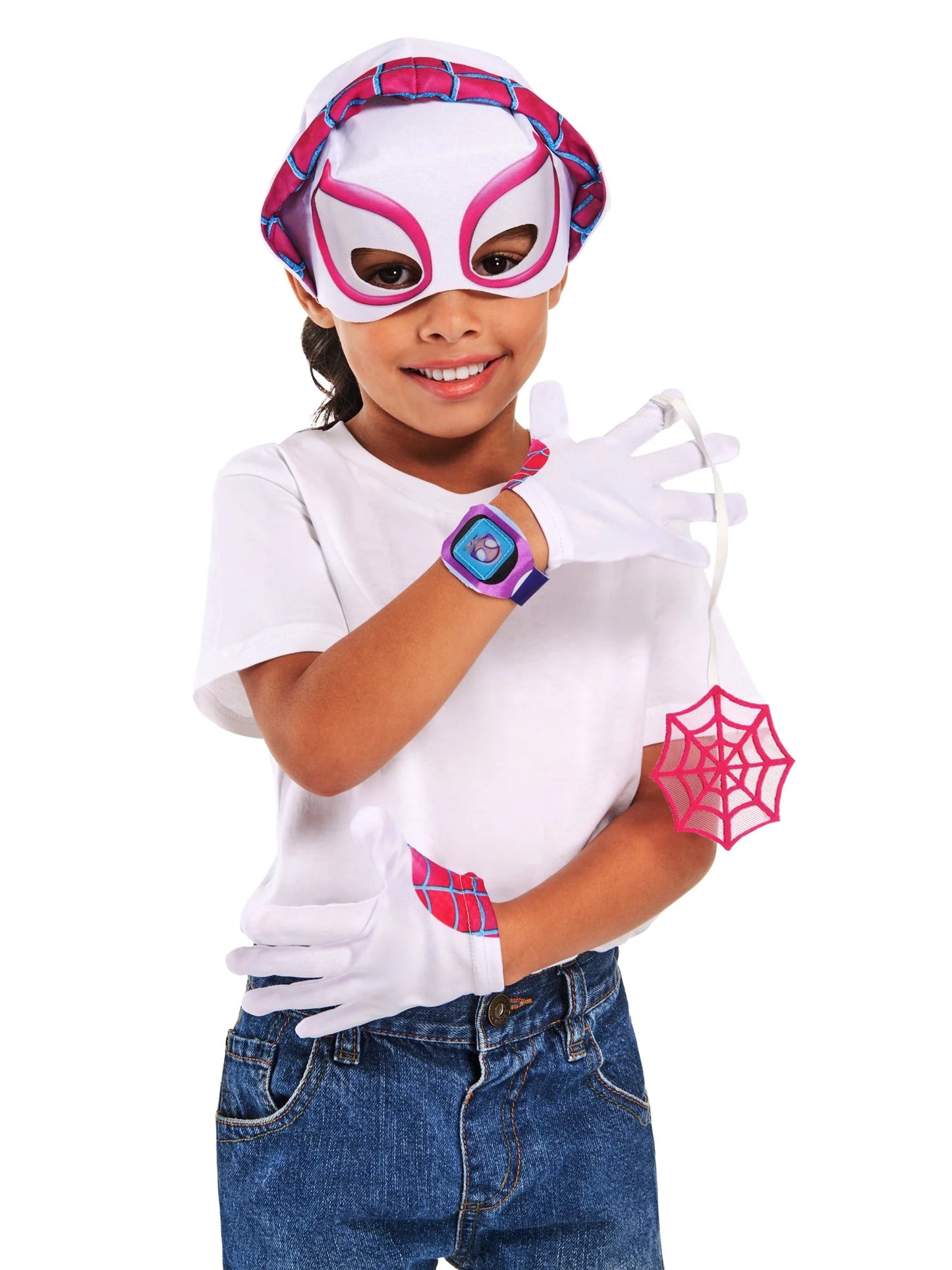 Ghost Spider Marvel Accessory Set front view showing mask, gloves, watch, and web slinger in pink-white design for kids 3+ Spidey role-play fun