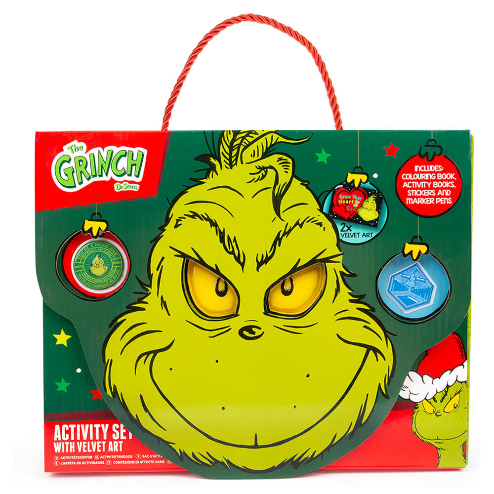 Inside view of The Grinch Activity Case with books and pens