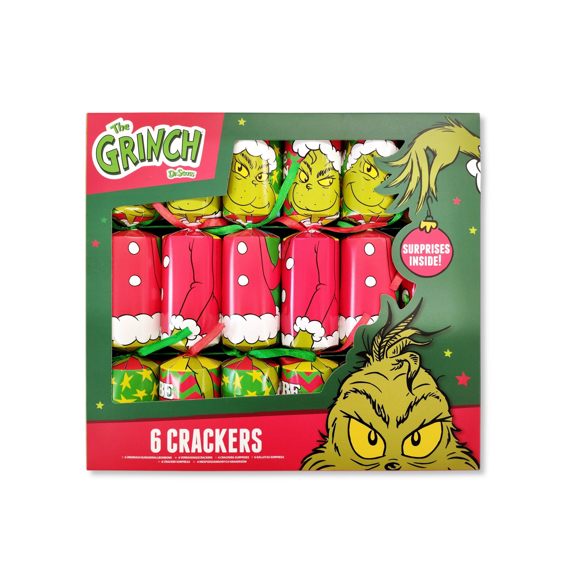 Grinch 6 x 12 inch Christmas Crackers pack front view with mischievous green design