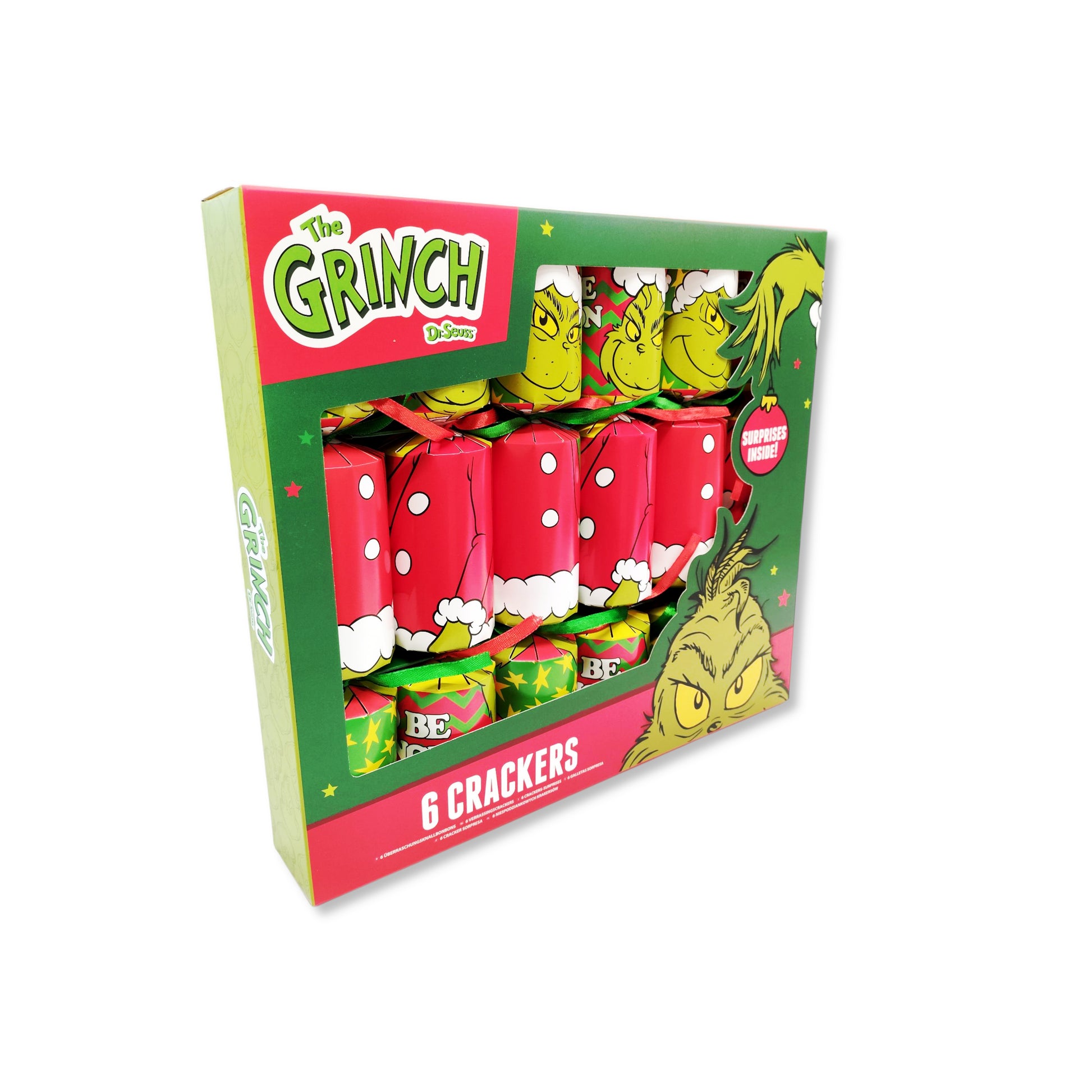 Grinch Christmas crackers display on holiday table with Who-ville theme