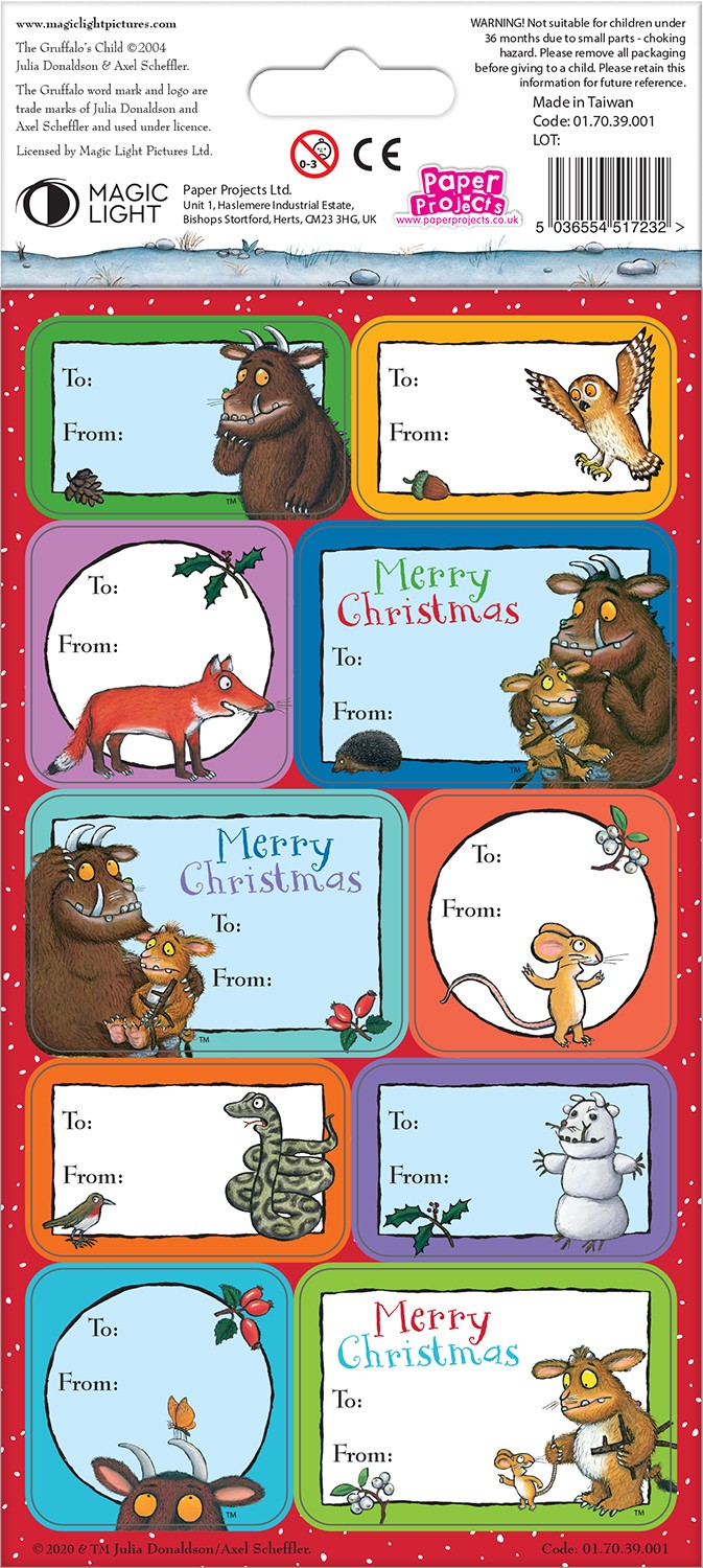 The Gruffalo’s Child Christmas Gift Labels applied to wrapped presents with festive theme