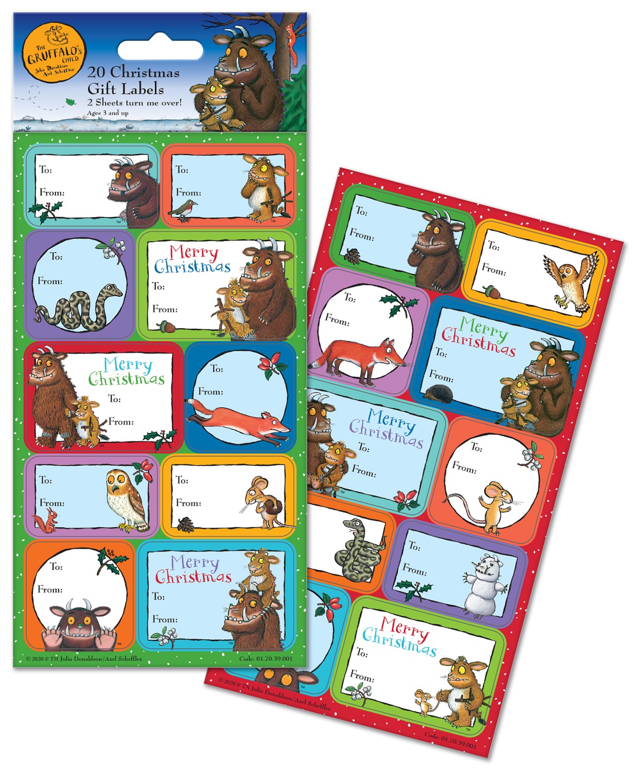 Close-up of The Gruffalo’s Child Christmas sticker designs featuring young Gruffalo and friends