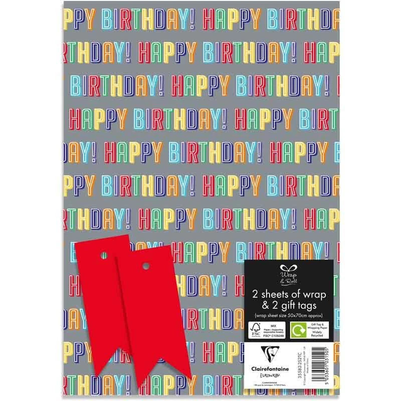 Happy Birthday Gift Wrap with Tags, 50 x 70 cm, 2 Sheets