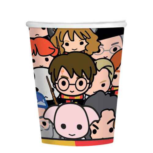 Harry Potter 250ml Paper Party Cups pack of 8 with vibrant Hogwarts-themed designs for eco-friendly parties