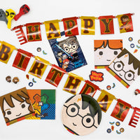 
              Harry Potter-themed birthday party decorations including a banner, plates, and balloons on a white background.
            