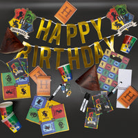 Composition of Harry Potter Hogwarts Houses Paper Party Hats showcasing colourful house-themed designs for eco-friendly celebrations