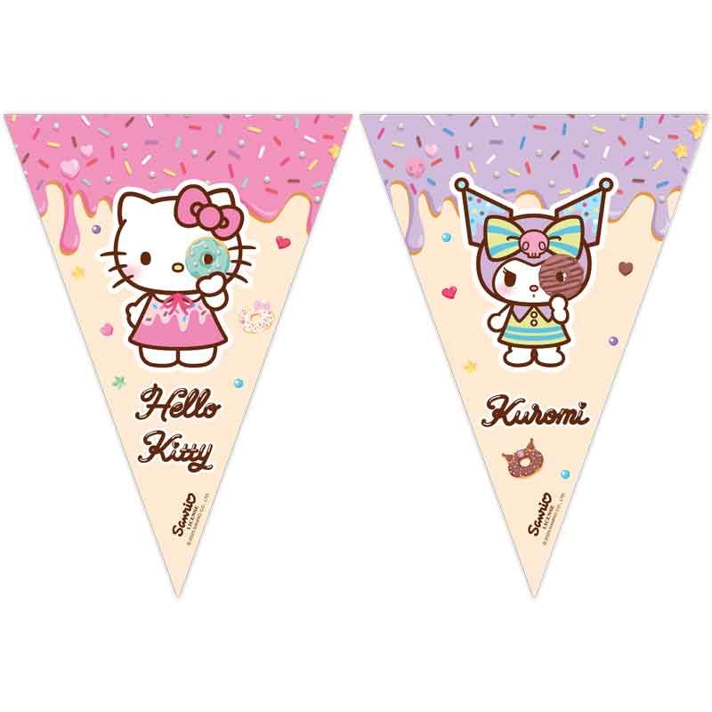 Hello Kitty & Kuromi Flag Paper Banner 2.3m draped delightfully, showcasing Sanrio duo motifs on FSC-certified paper for kids' kawaii party backdrops
