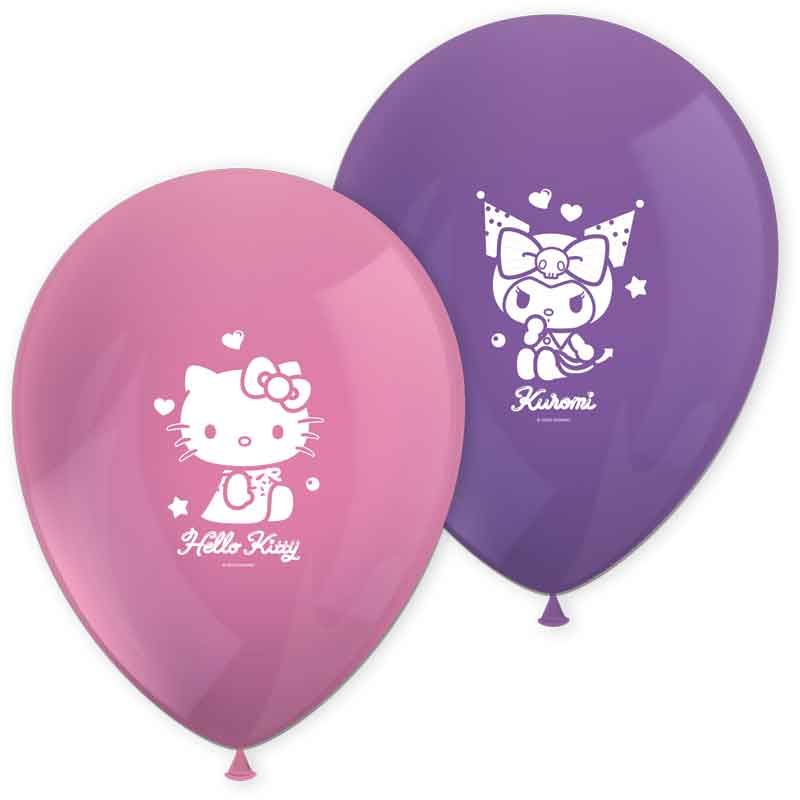 Hello Kitty & Kuromi Latex Balloons Pack of 8 deflated and displayed, with pink Hello Kitty and purple Kuromi designs on biodegradable latex for kids' kawaii parties