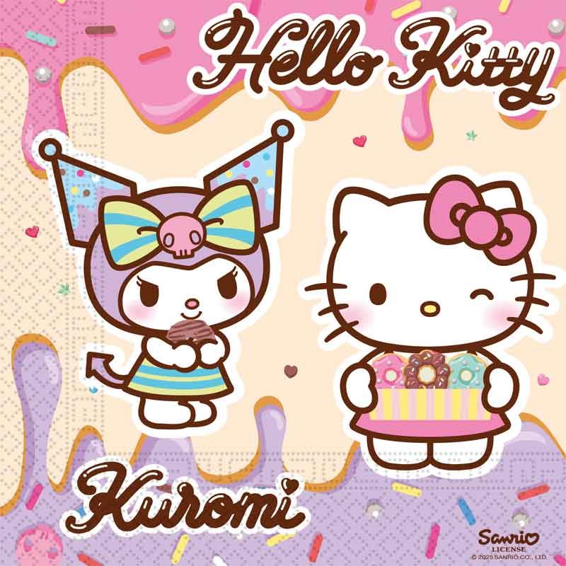 Hello Kitty & Kuromi 2-Ply Napkins Pack of 20 stacked daintily, displaying cute Sanrio duo designs on FSC-certified absorbent sheets for kids' kawaii parties