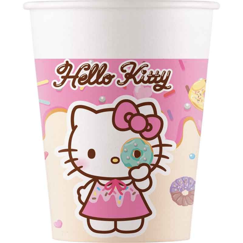Hello Kitty & Kuromi 200ml Paper Cups Pack of 8 stacked sweetly, featuring Sanrio duo motifs on FSC-certified disposables for kids' kawaii sip parties