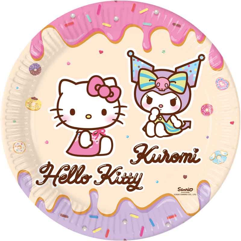 Hello Kitty & Kuromi 23cm Paper Plates Pack of 8 arranged cutely, featuring Sanrio duo motifs on FSC-certified disposable rounds for kids' kawaii parties