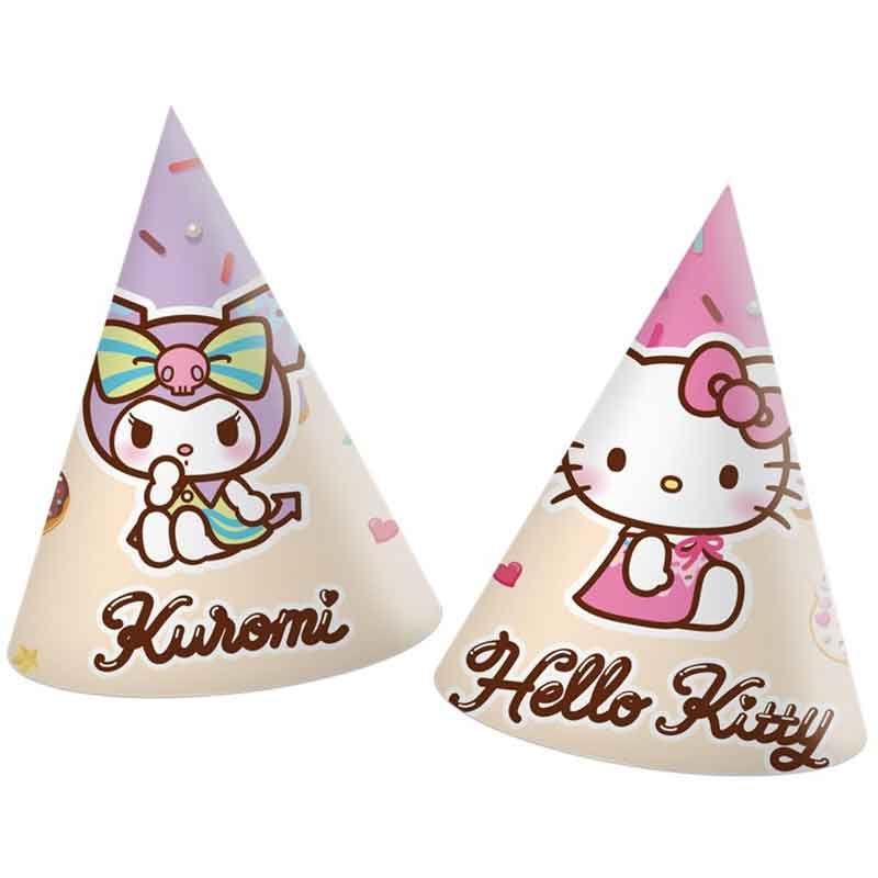 Hello Kitty & Kuromi Party Hats Pack of 6 displayed festively, with Sanrio duo designs on FSC-certified cones for kids' kawaii birthday fun