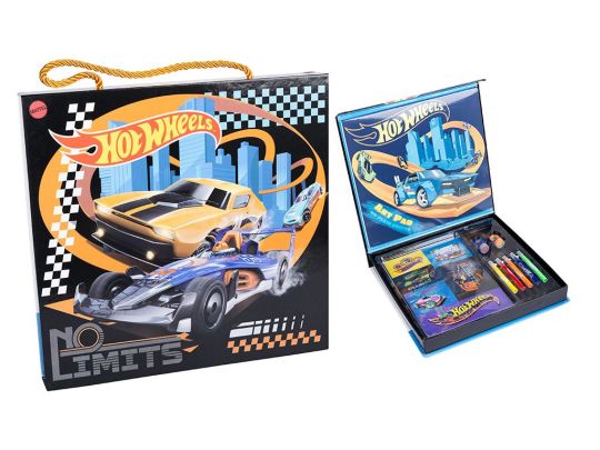 Hot Wheels Artcase Set with colour-in vehicles and markers