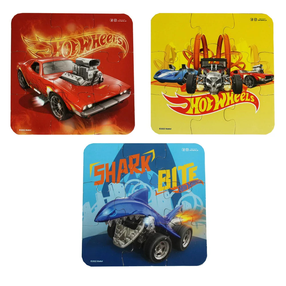 Hot Wheels Racing Cars 3-Puzzle Set showing three 9-piece puzzle designs