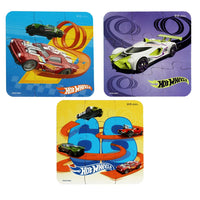 
              Hot Wheels Racing Cars 3-Puzzle Set showing three 9-piece puzzle designs
            