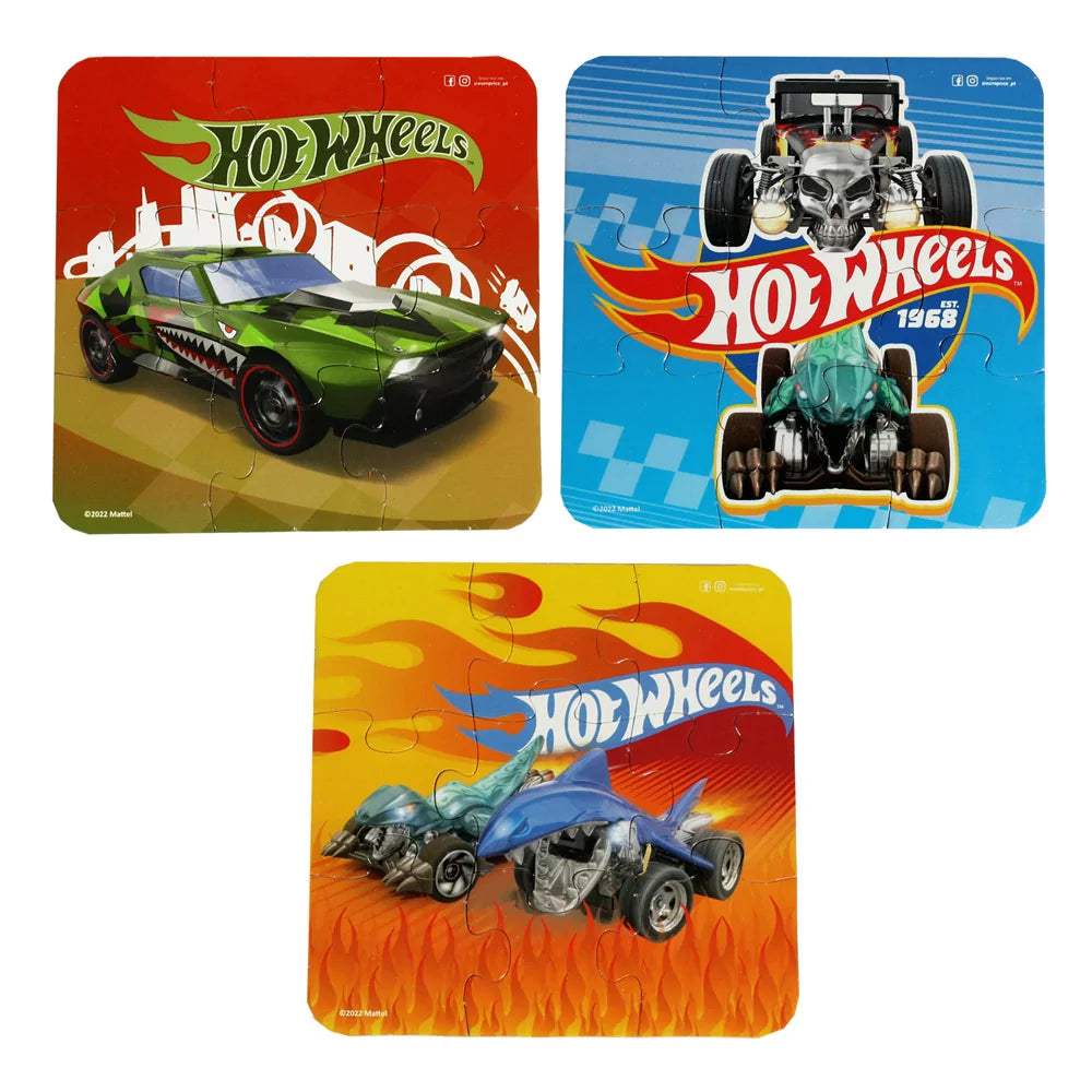 Hot Wheels Racing Cars 3-Puzzle Set showing three 9-piece puzzle designs