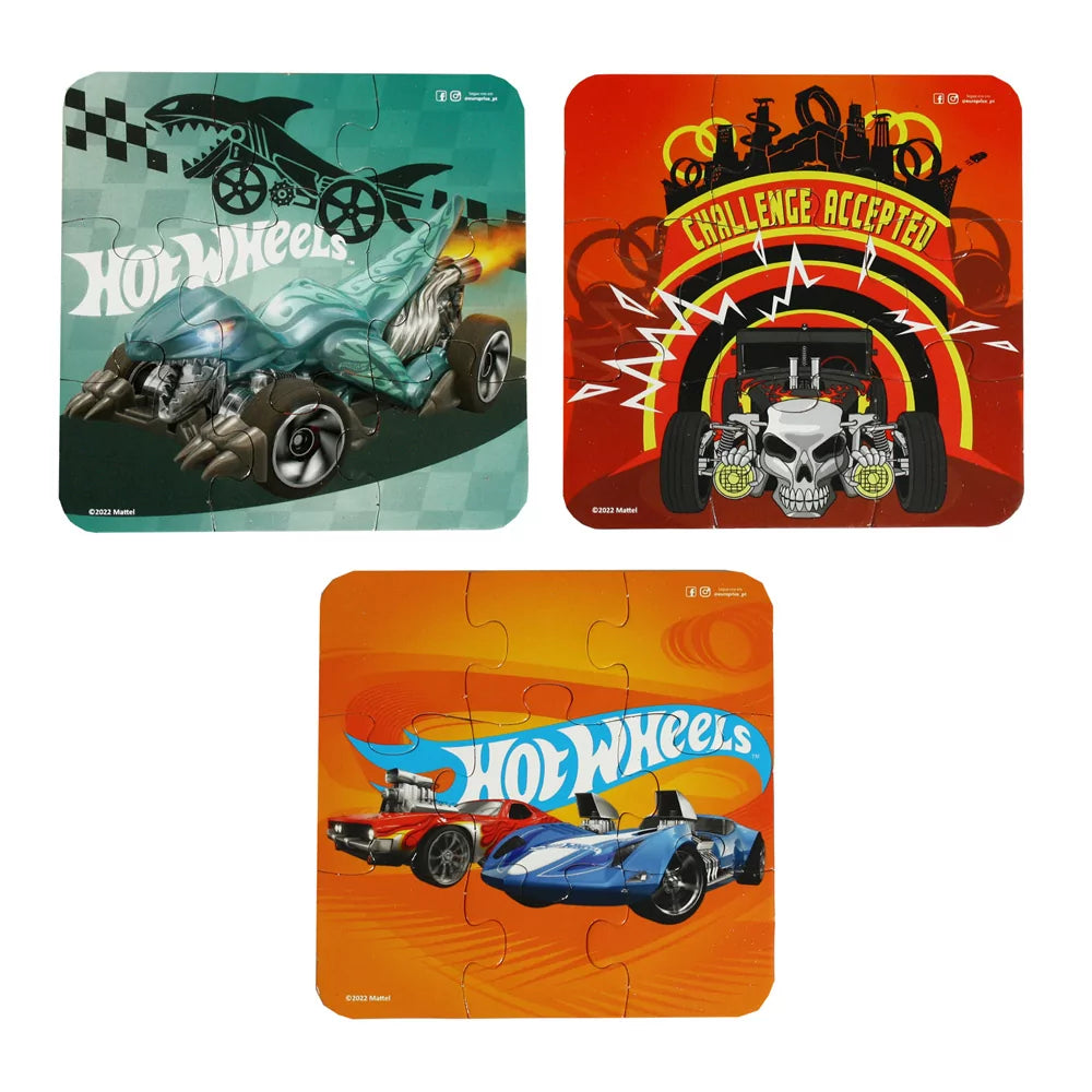 Hot Wheels Racing Cars 3-Puzzle Set showing three 9-piece puzzle designs
