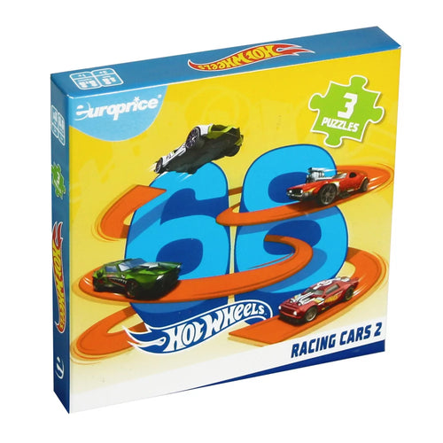 Hot Wheels Racing Cars 3-Puzzle Set front cover with vehicle designs
