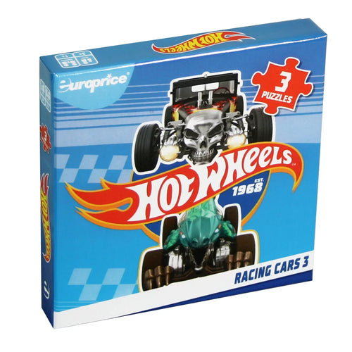 Hot Wheels Racing Cars 3-Puzzle Set front cover with vehicle designs