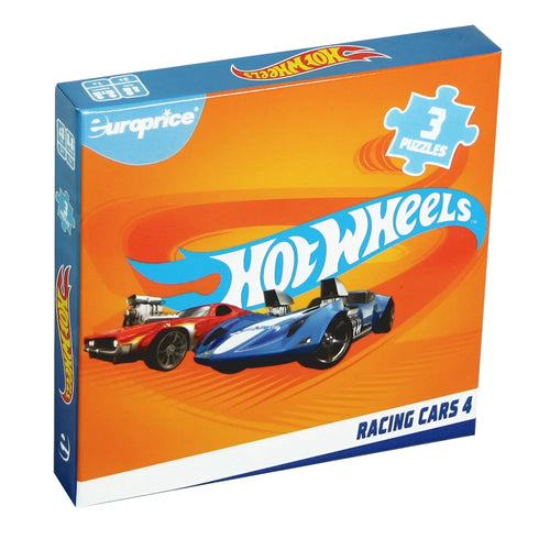 Hot Wheels Racing Cars 3-Puzzle Set front cover with vehicle designs