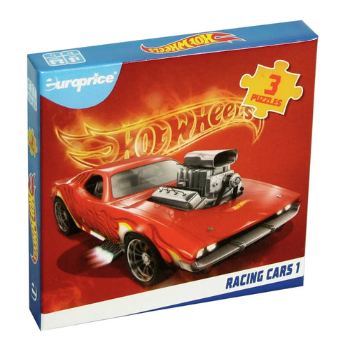 Hot Wheels Racing Cars 3-Puzzle Set front cover with vehicle designs