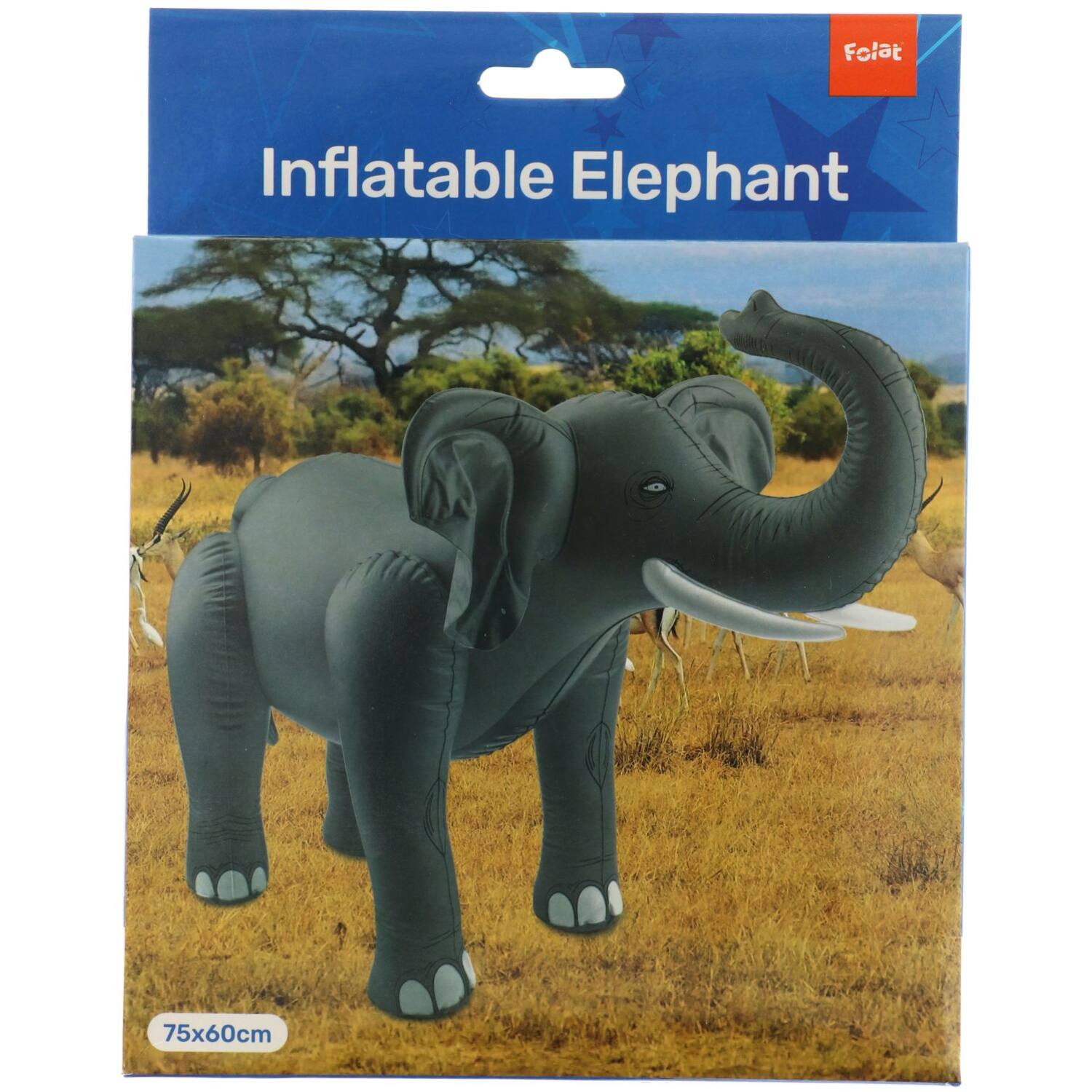 Packaged Inflatable Elephant with plastic material and air-fill instructions in box