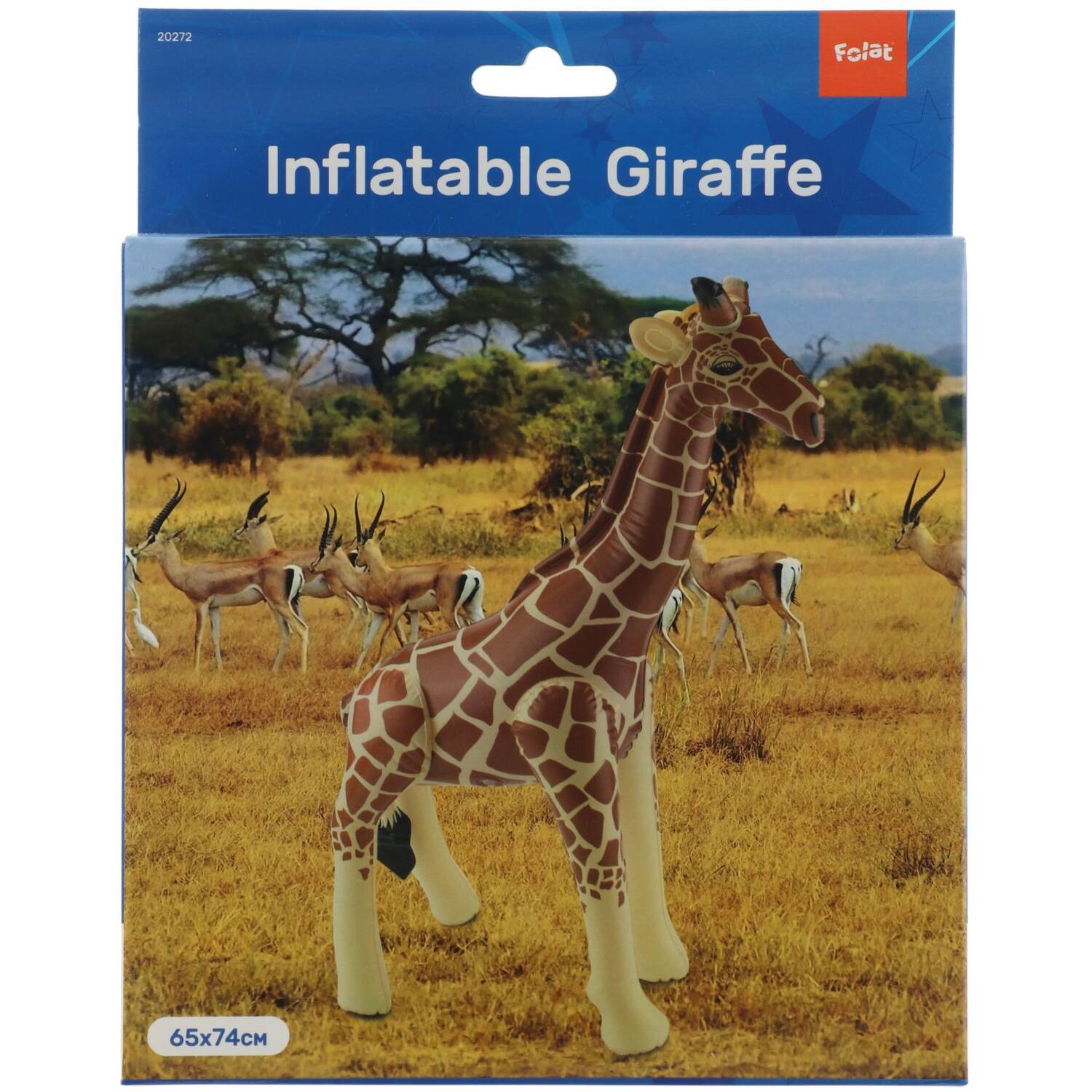 Packaged Inflatable Giraffe with plastic material and air-fill instructions in box