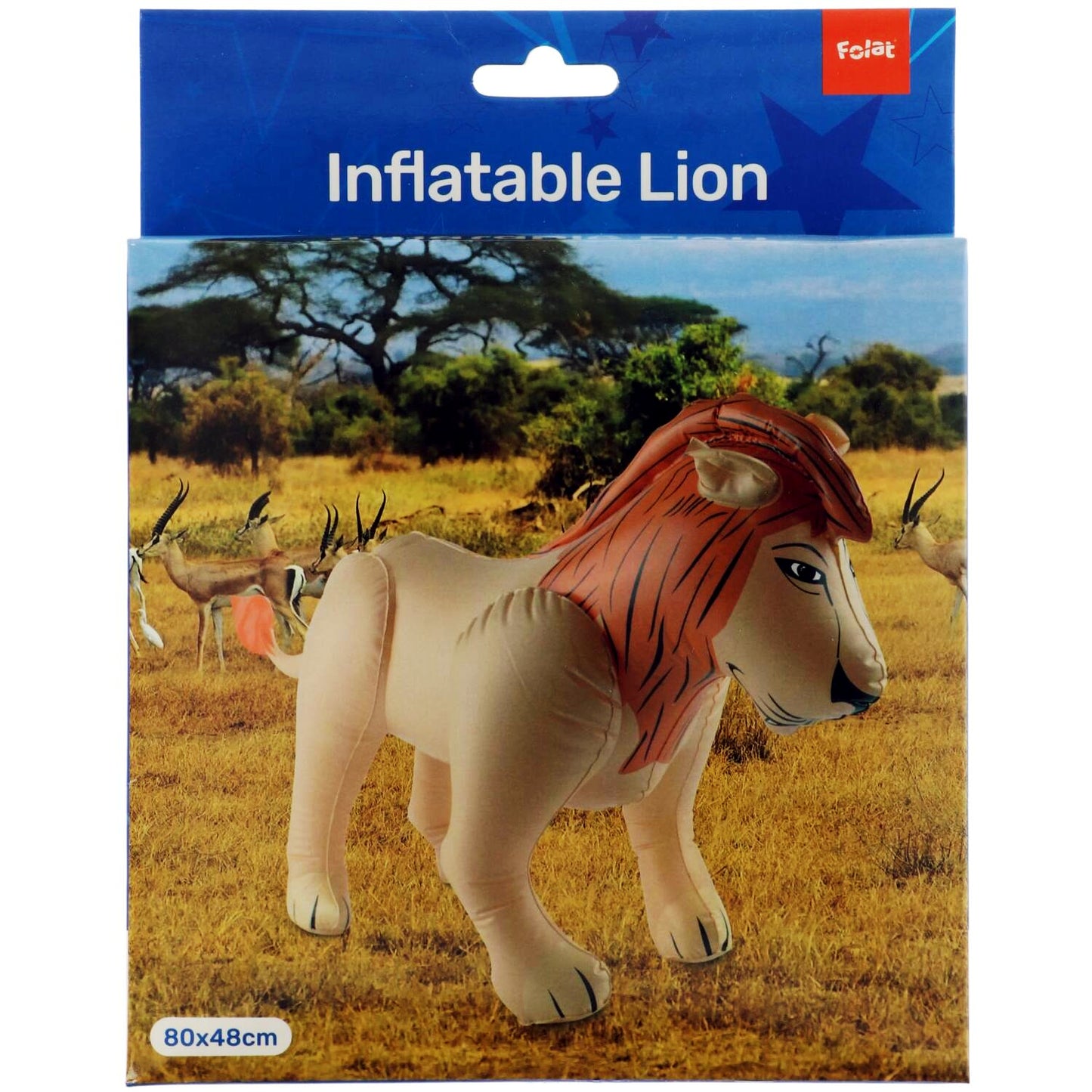 Packaged Inflatable Lion with plastic material and air-fill instructions in box