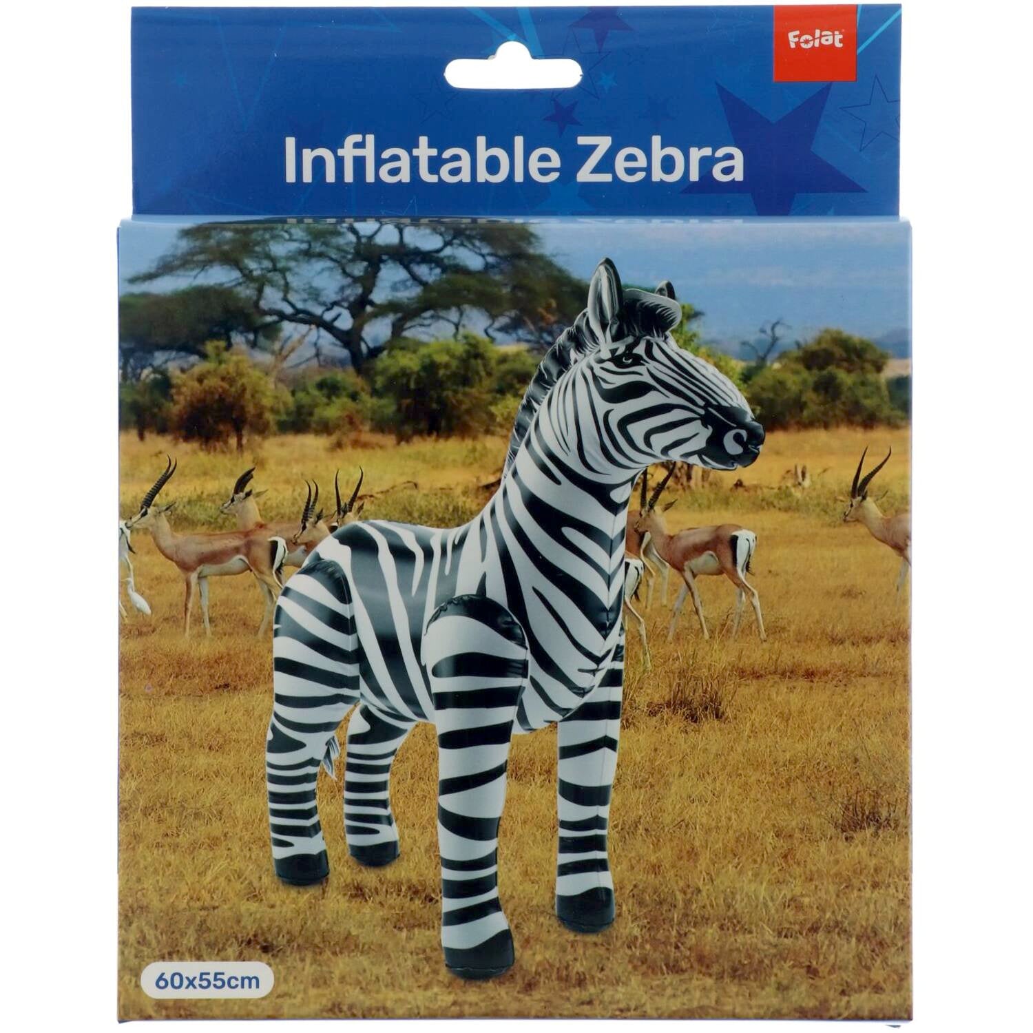 Packaged Inflatable Zebra with plastic material and air-fill instructions