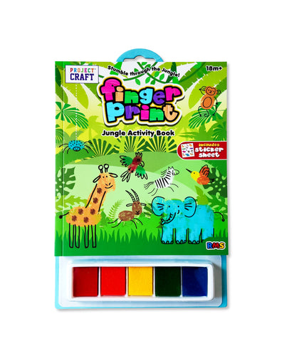Jungle Fingerprint Activity Book cover with vibrant jungle animal designs, stickers, and inks for kids 3+