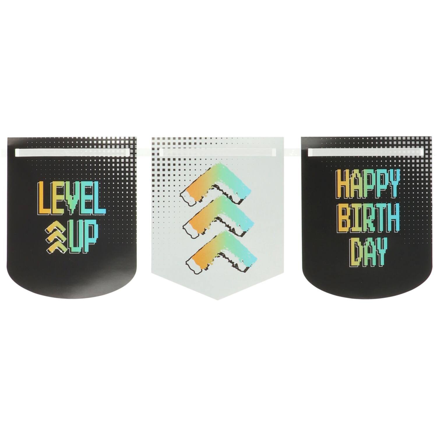 Close-Up of Level Up Flag Banner with “Happy Birthday” and Gaming Text